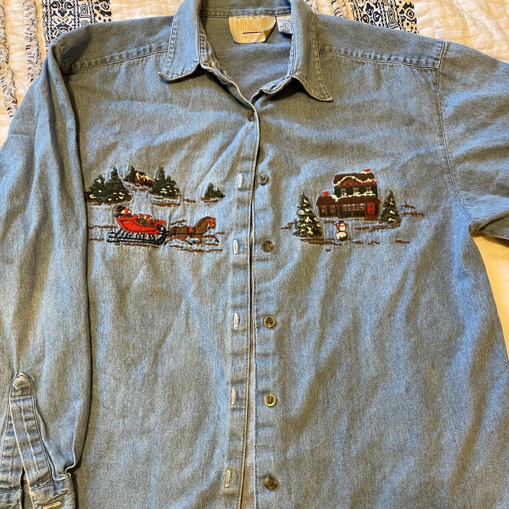 Vintage denim Christmas button down shirt